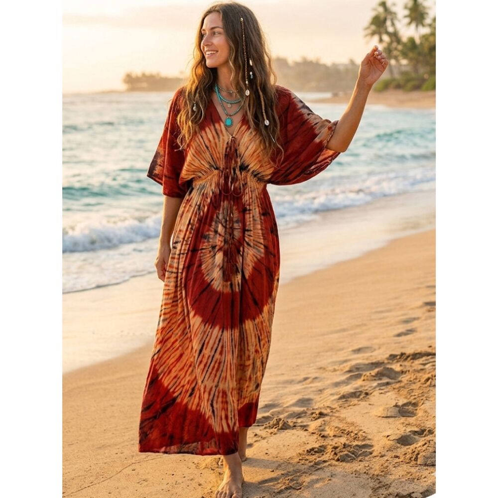 VTG Cotton Tie Dye Boho Kaftan Maxi Dress Beach Cover Up XS- Med Orange Red